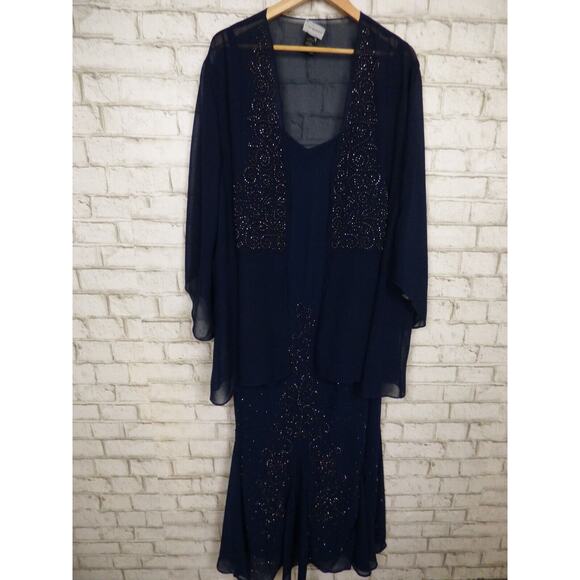 $199 Catherine's Navy Blue Masquerade Beaded Dress & Jacket Set 28W NEW - Picture 8 of 14